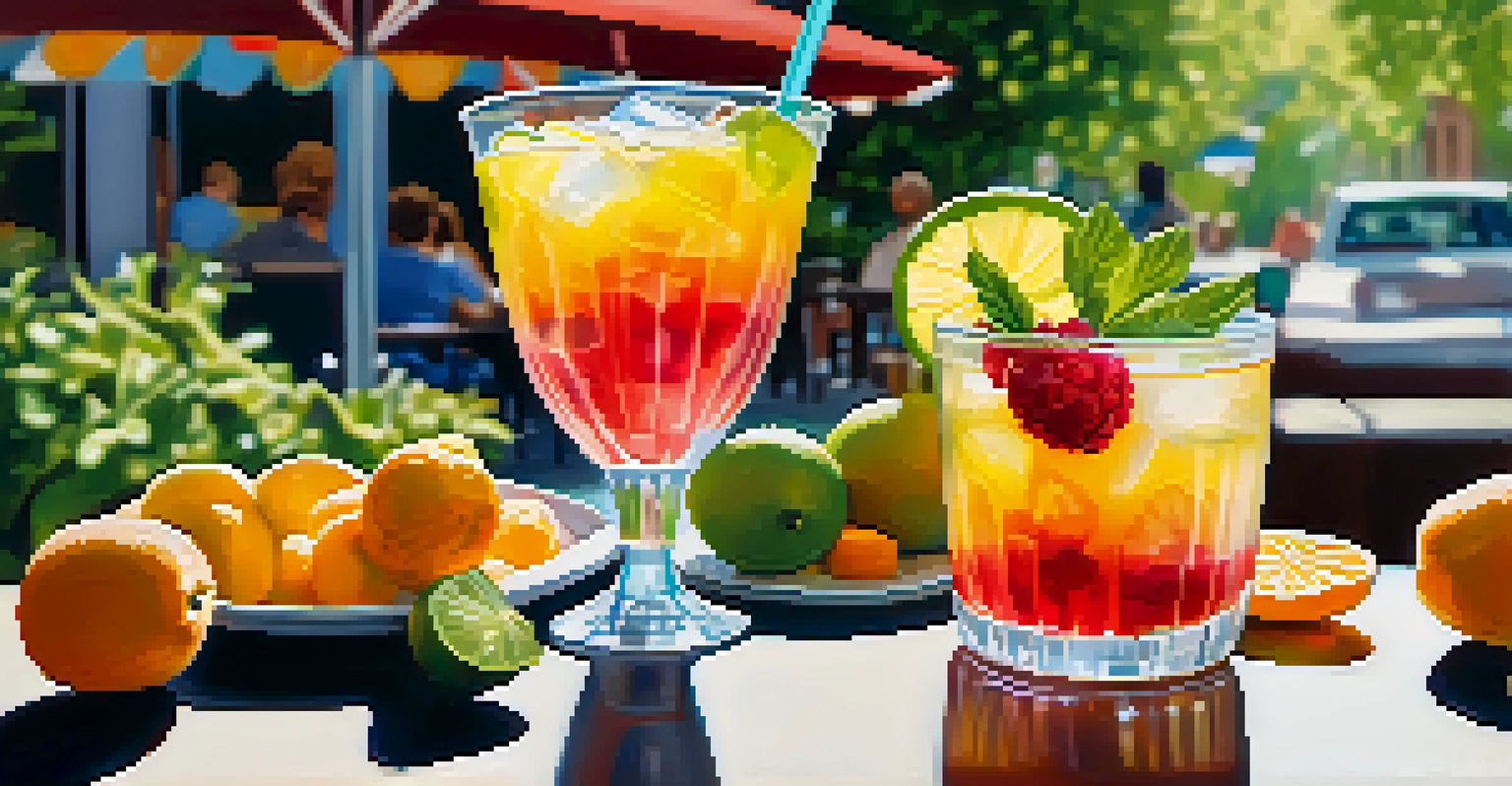 A refreshing summer drink with fruits and ice served at a café, with people enjoying the outdoors in the background.