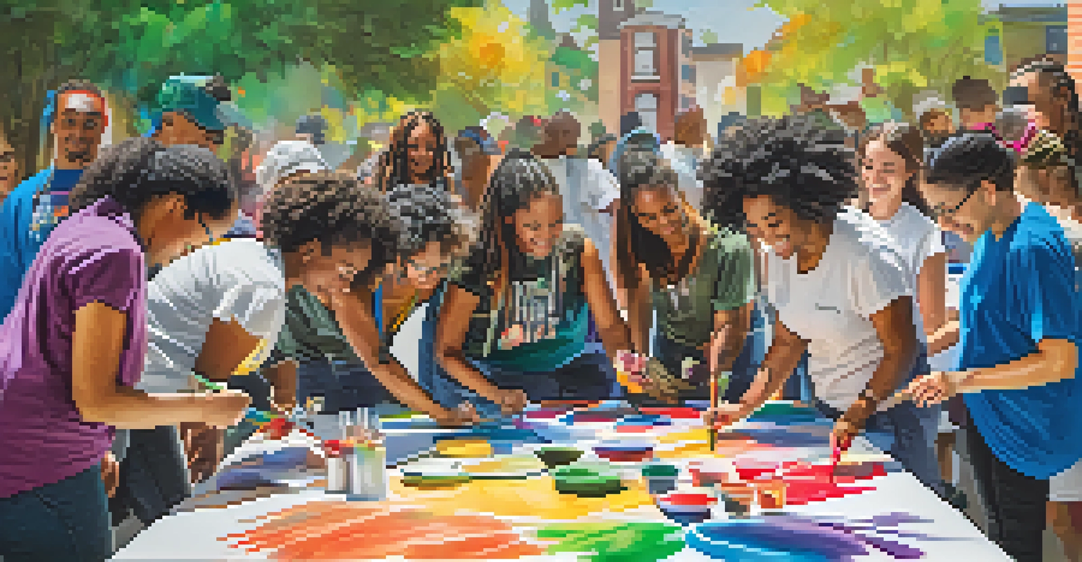 Participants of various backgrounds collaborating in a community art workshop, painting a large mural, surrounded by colorful art supplies and a lively atmosphere.