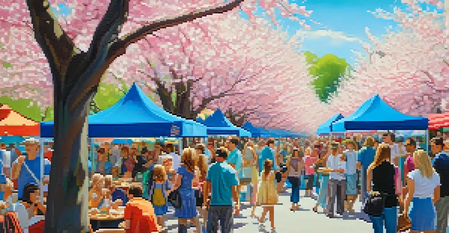 A lively summer festival in Buffalo with colorful booths, people enjoying food and music, and cherry blossom trees in bloom.