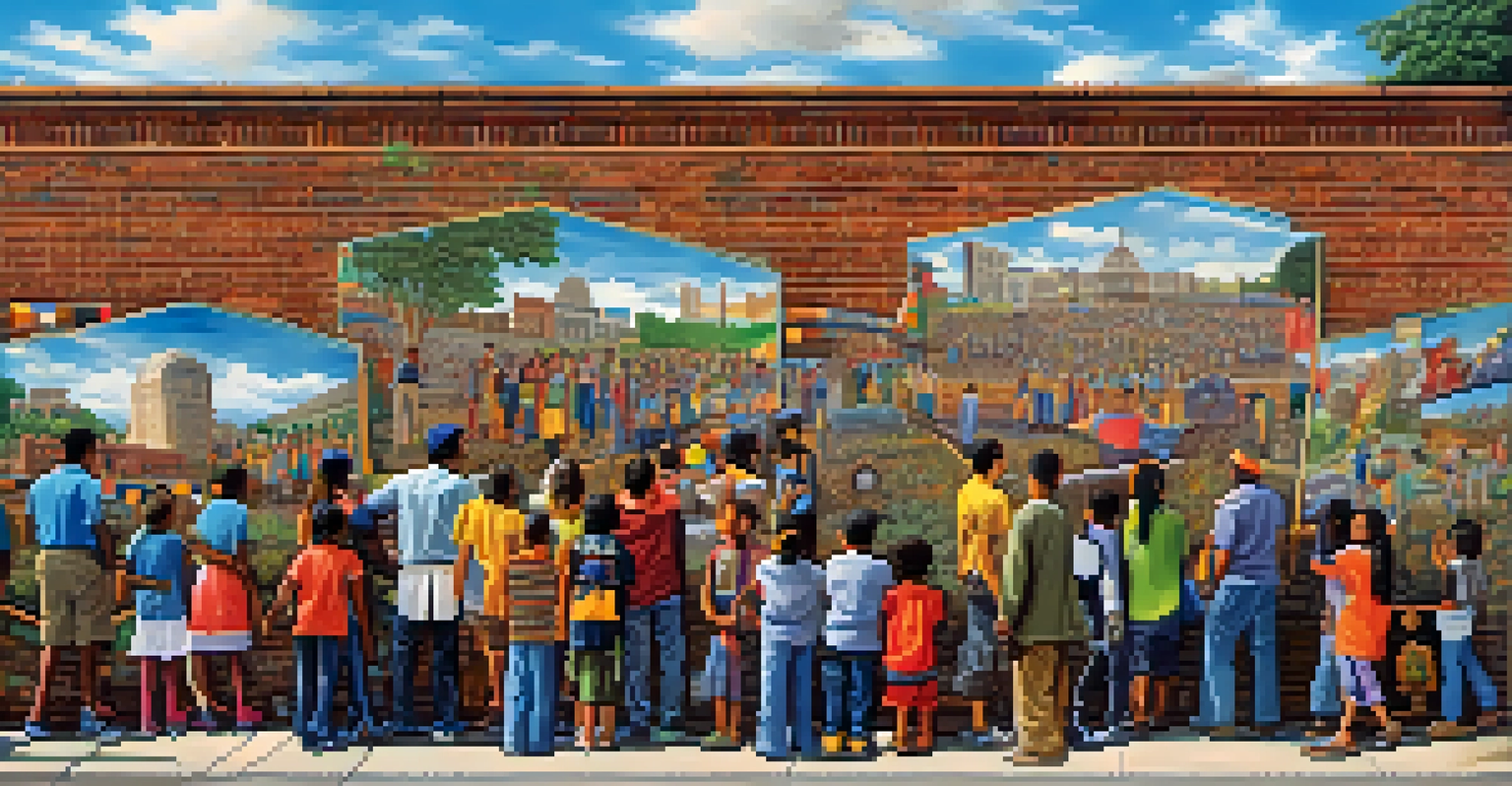 A colorful mural in Buffalo illustrating the city's immigrant history, with children admiring the vibrant artwork.