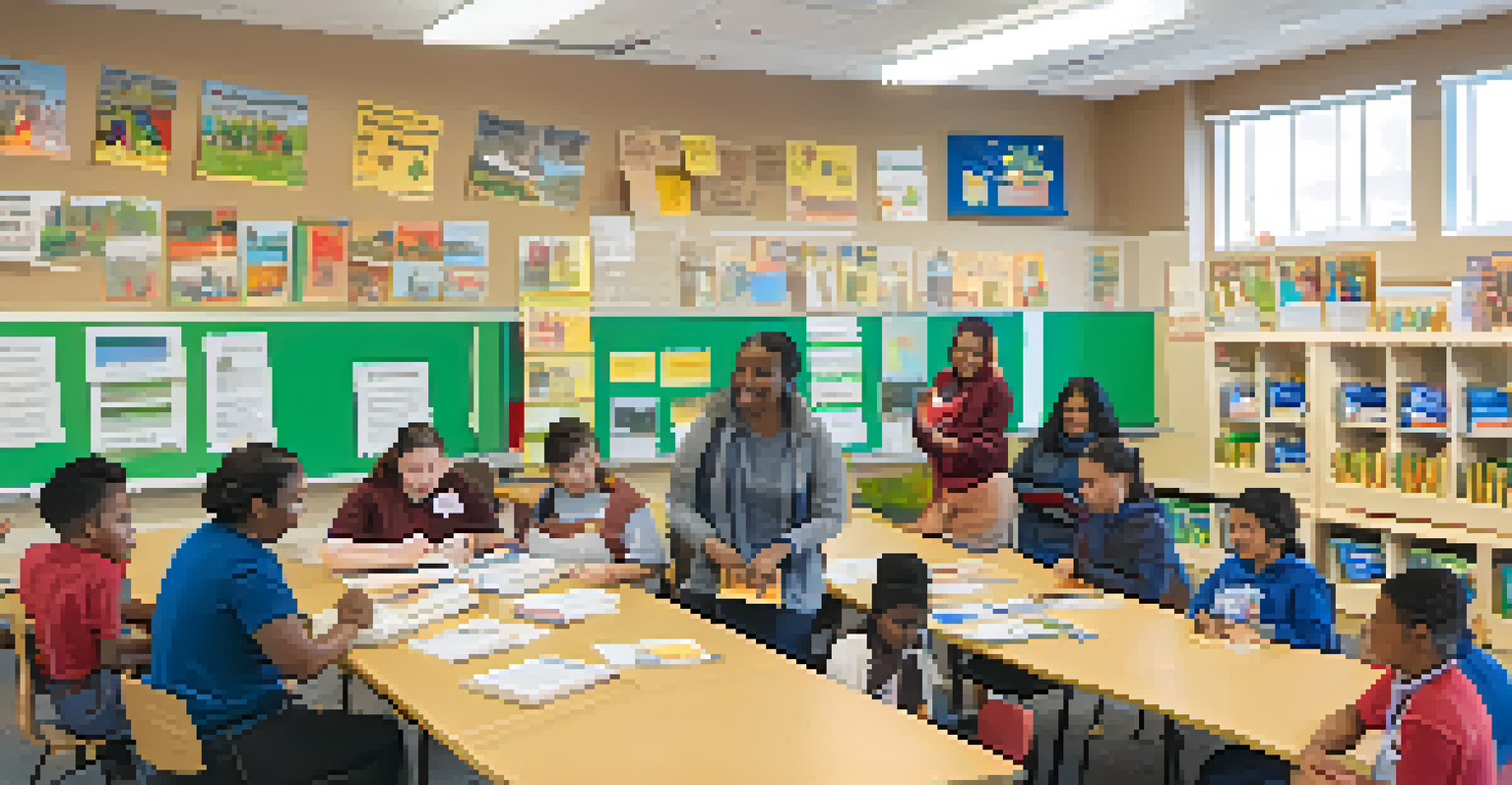 A community workshop in Buffalo where volunteers help immigrants learn languages, featuring diverse participants and educational materials.