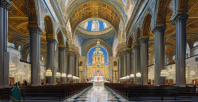 A grand Baroque basilica interior with mosaics and altars, filled with visitors.