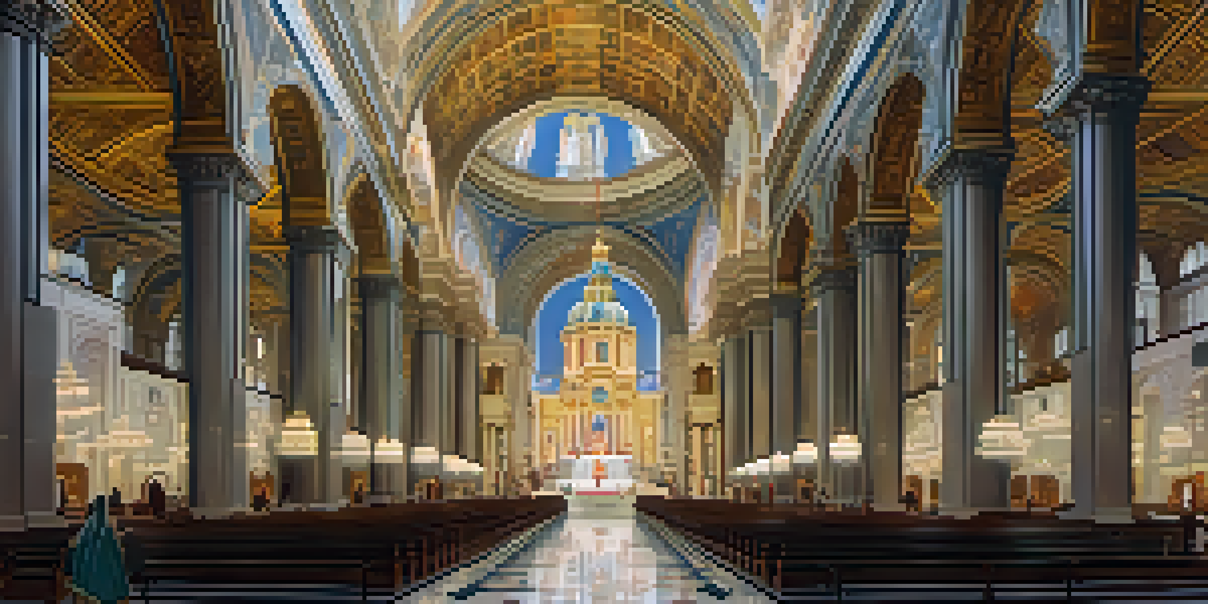 A grand Baroque basilica interior with mosaics and altars, filled with visitors.