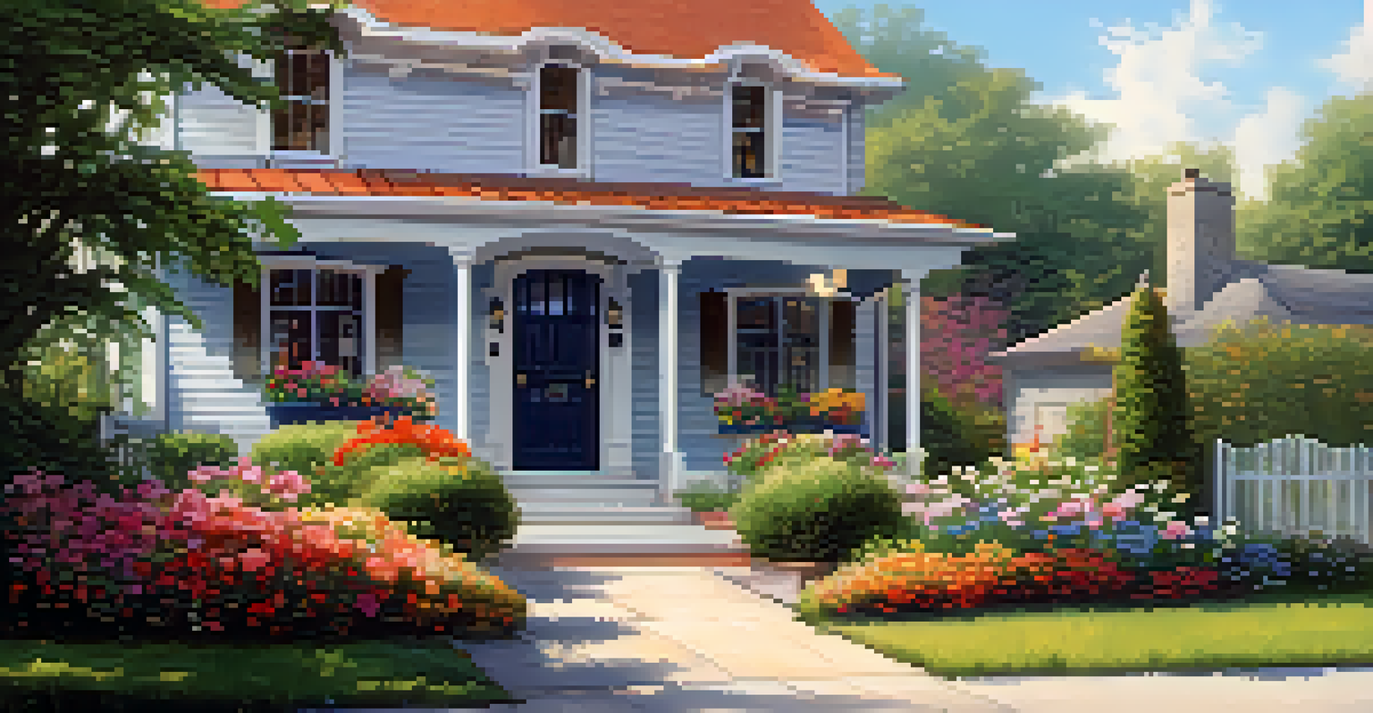 The exterior of a safe house with a beautiful garden and a welcoming sign, bathed in gentle sunlight, representing safety and community.