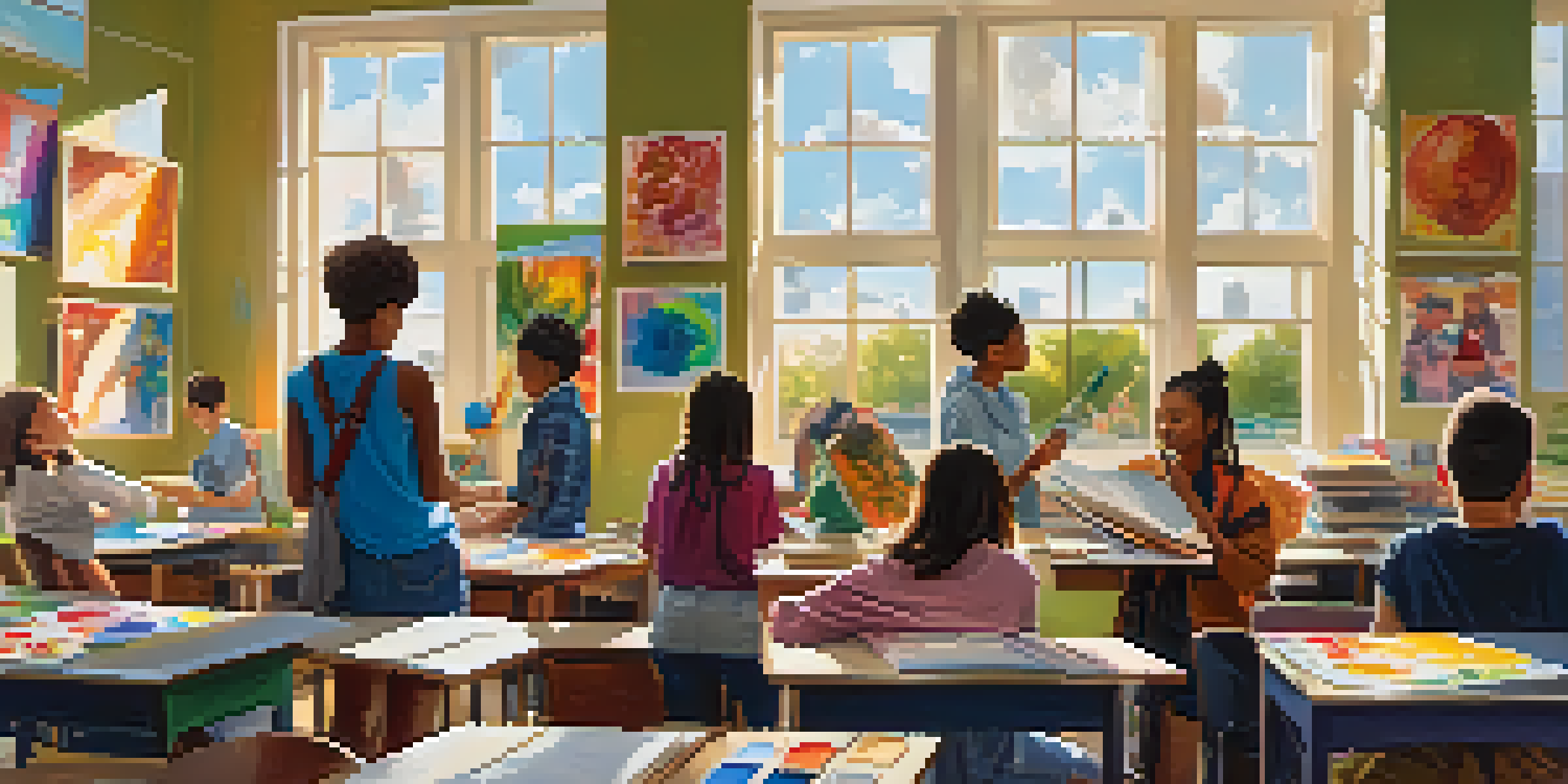 Diverse students in a colorful classroom engaged in an arts project, painting on canvases with sunlight filtering through the windows.