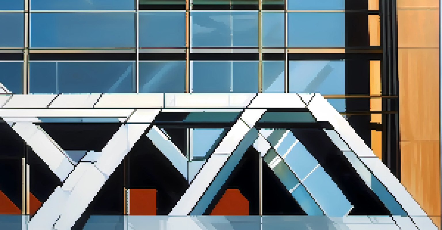 A close-up of a modernist building's steel and glass facade in Buffalo, reflecting sunlight and showcasing intricate design details.