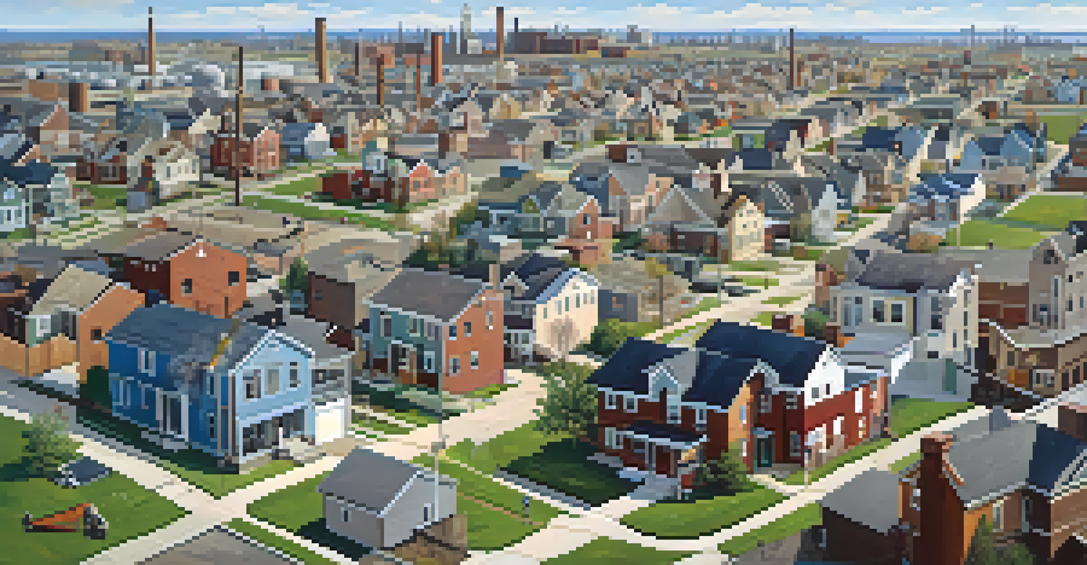 An aerial view of a Buffalo neighborhood showing factories beside residential homes, with children playing and adults walking.