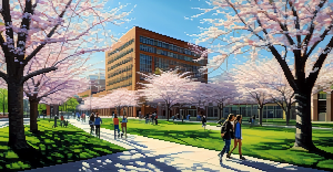 Students walking on the University at Buffalo campus surrounded by cherry blossom trees, with modern buildings in the background under bright sunlight.