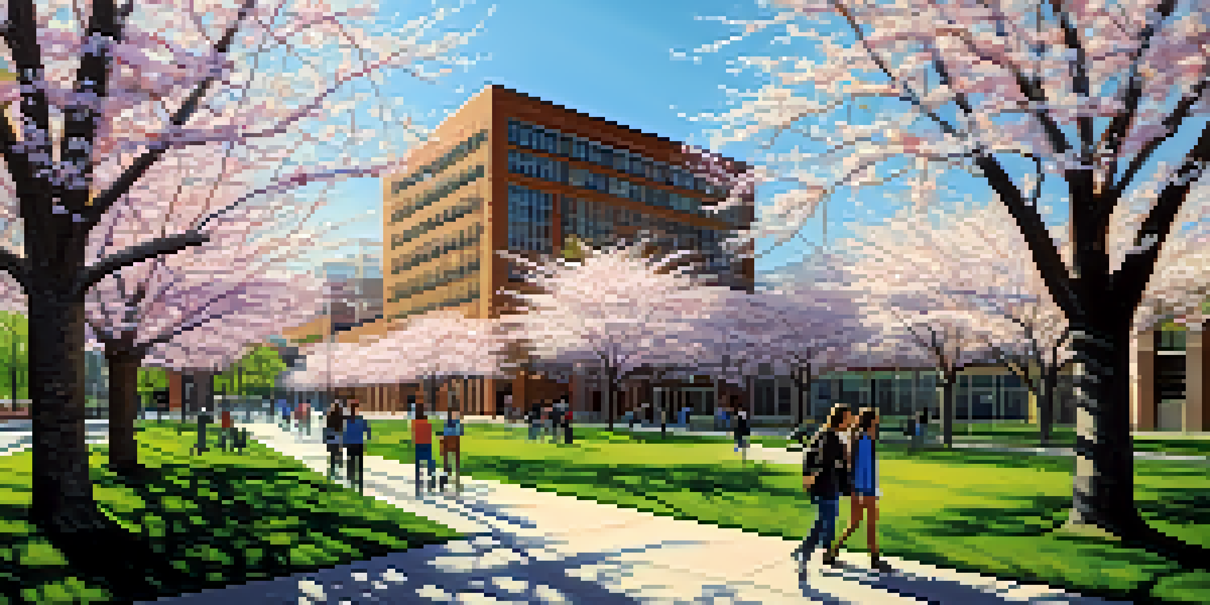 Students walking on the University at Buffalo campus surrounded by cherry blossom trees, with modern buildings in the background under bright sunlight.