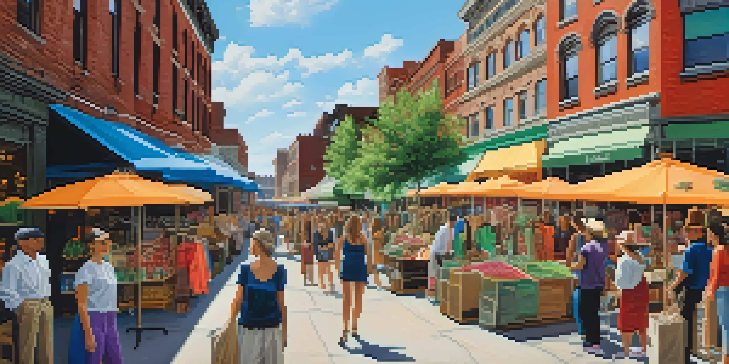 A busy outdoor market in Buffalo with local fashion designers showcasing colorful clothing in front of historic buildings.
