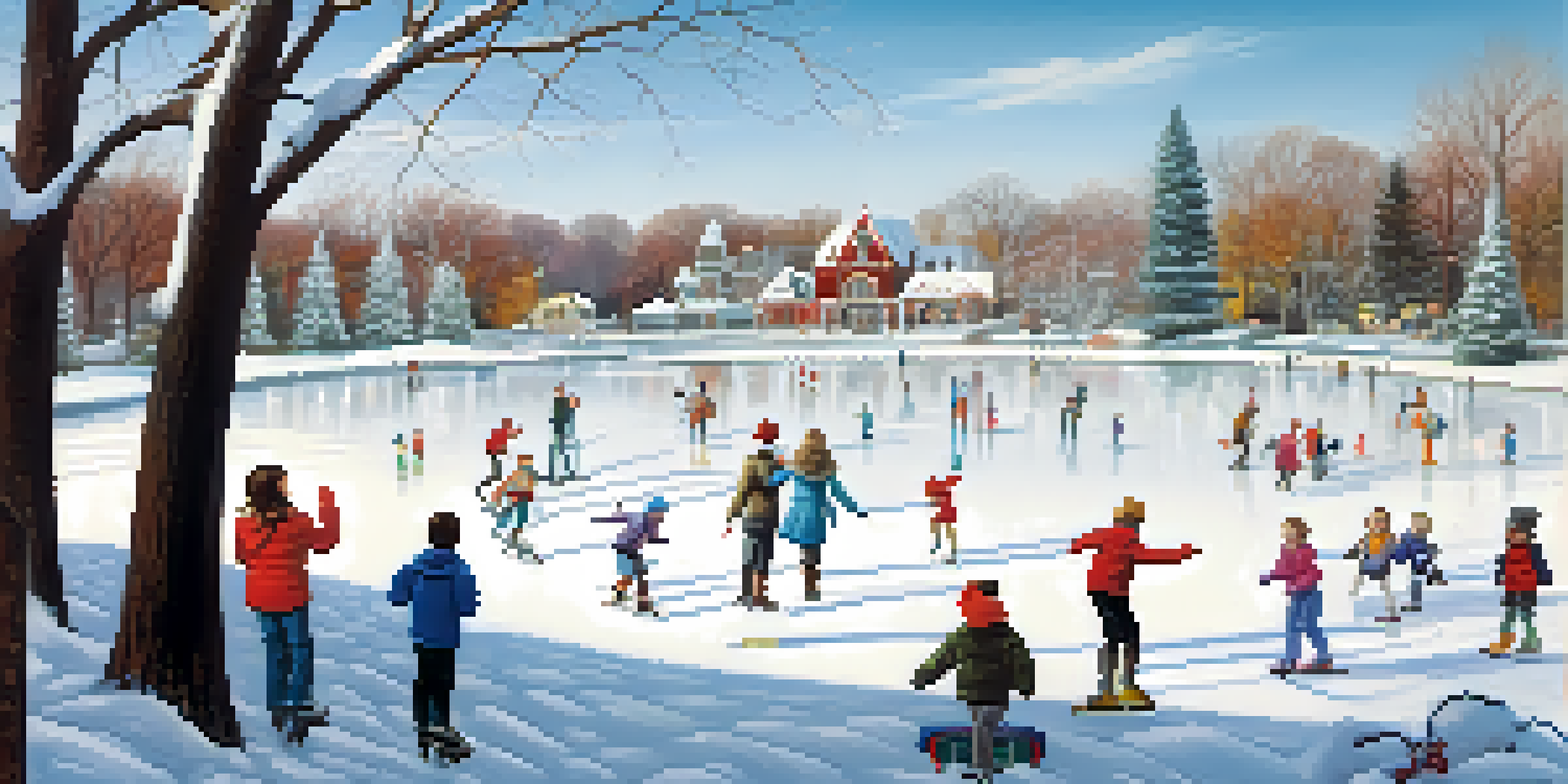 A family ice skating on a frozen lake in a snowy winter landscape.