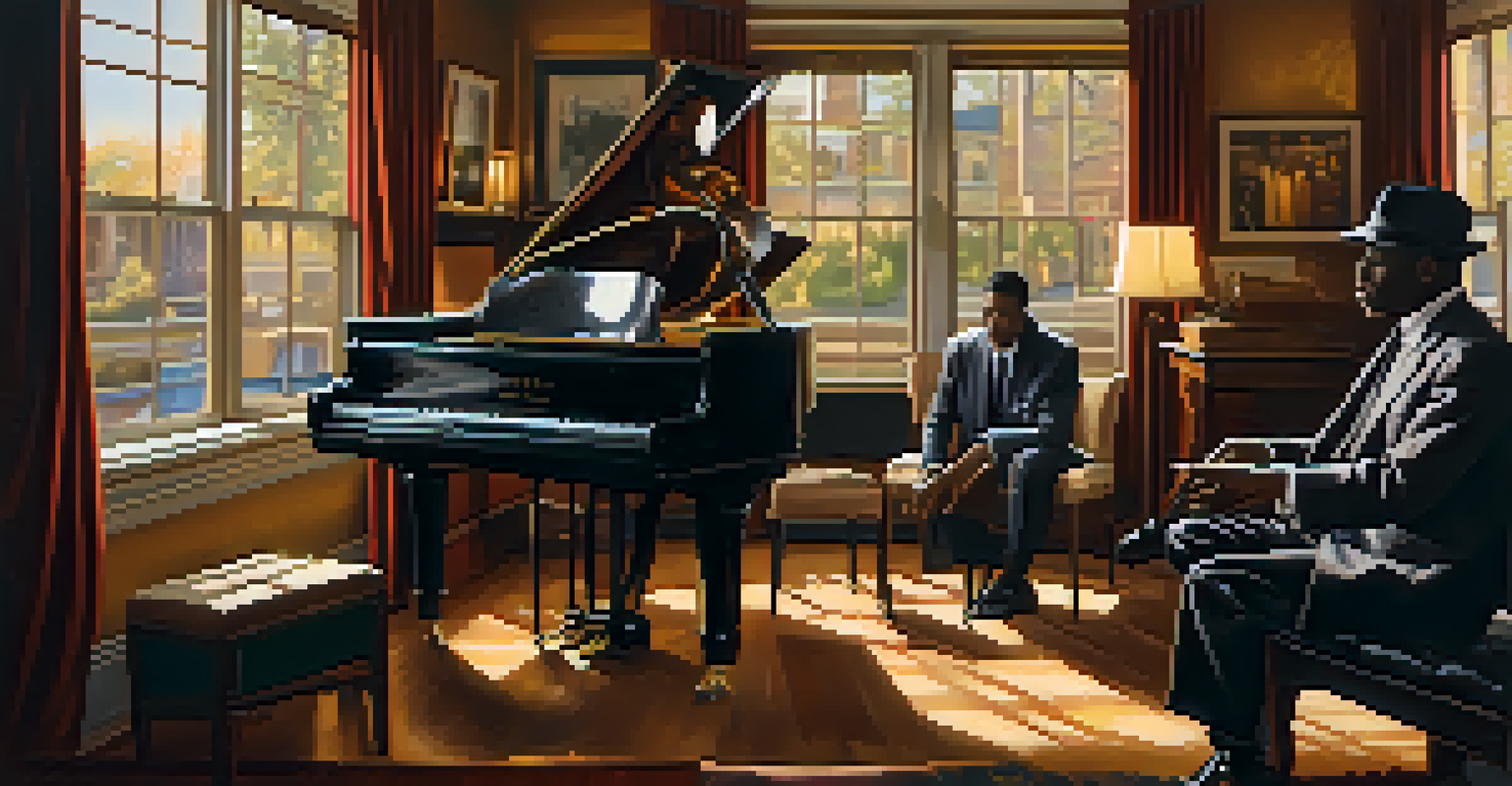 Two jazz musicians performing in an intimate setting during the Great Migration, surrounded by vintage decor.