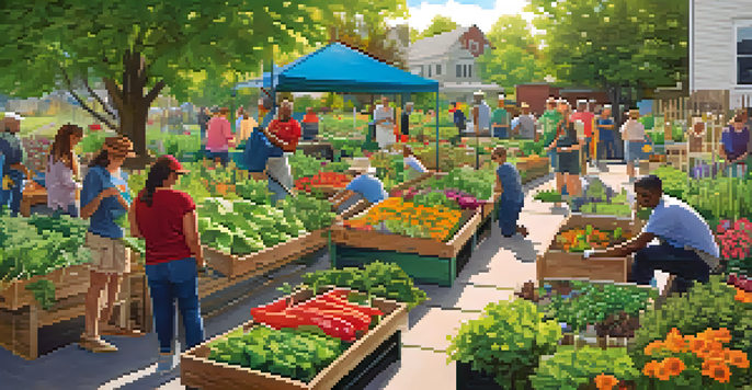 A community garden in Buffalo with residents planting and harvesting a variety of fresh vegetables and flowers under soft sunlight.