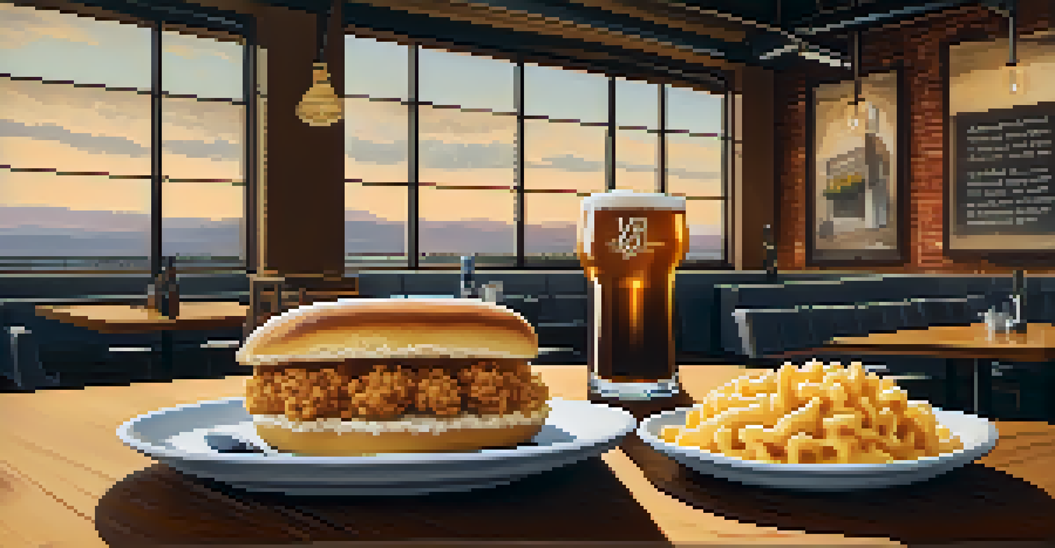 Trendy eatery with a plate of truffle mac and cheese and a fried chicken sandwich on a wooden table.