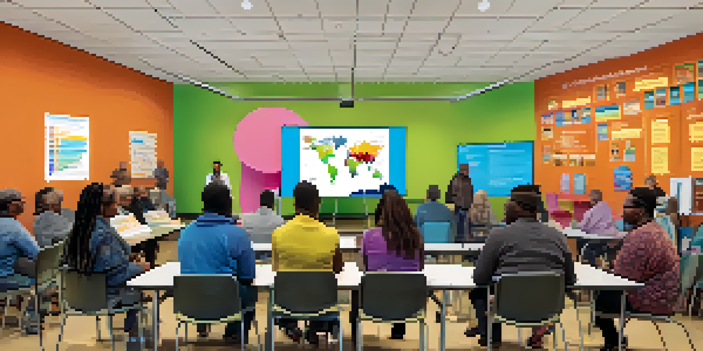 Residents participating in a community forum in Buffalo, discussing global health issues with a presentation screen in the background.