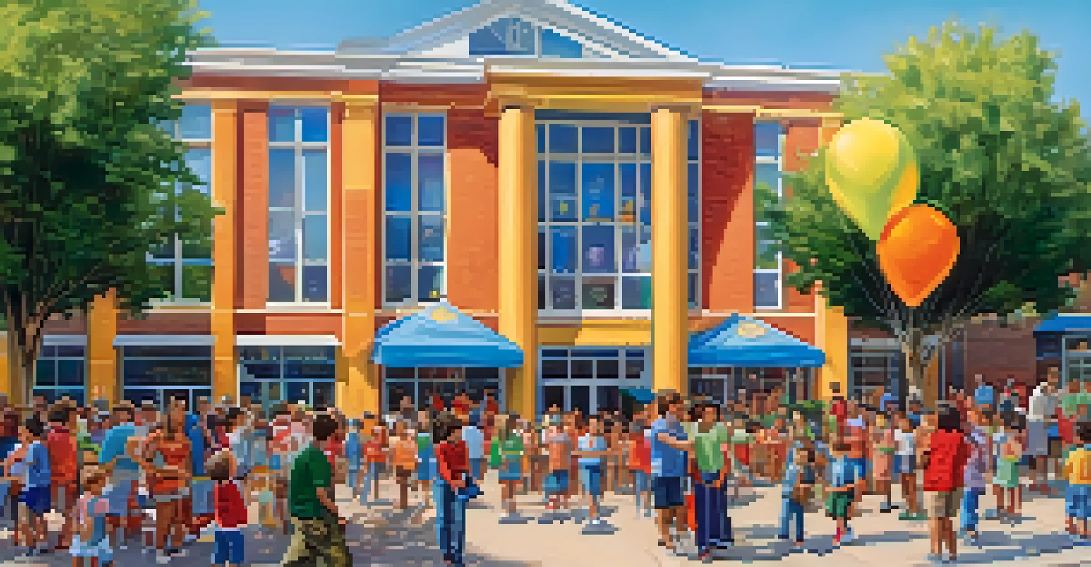 A lively outdoor community event at a public school, with families, teachers, and children enjoying various activities together.