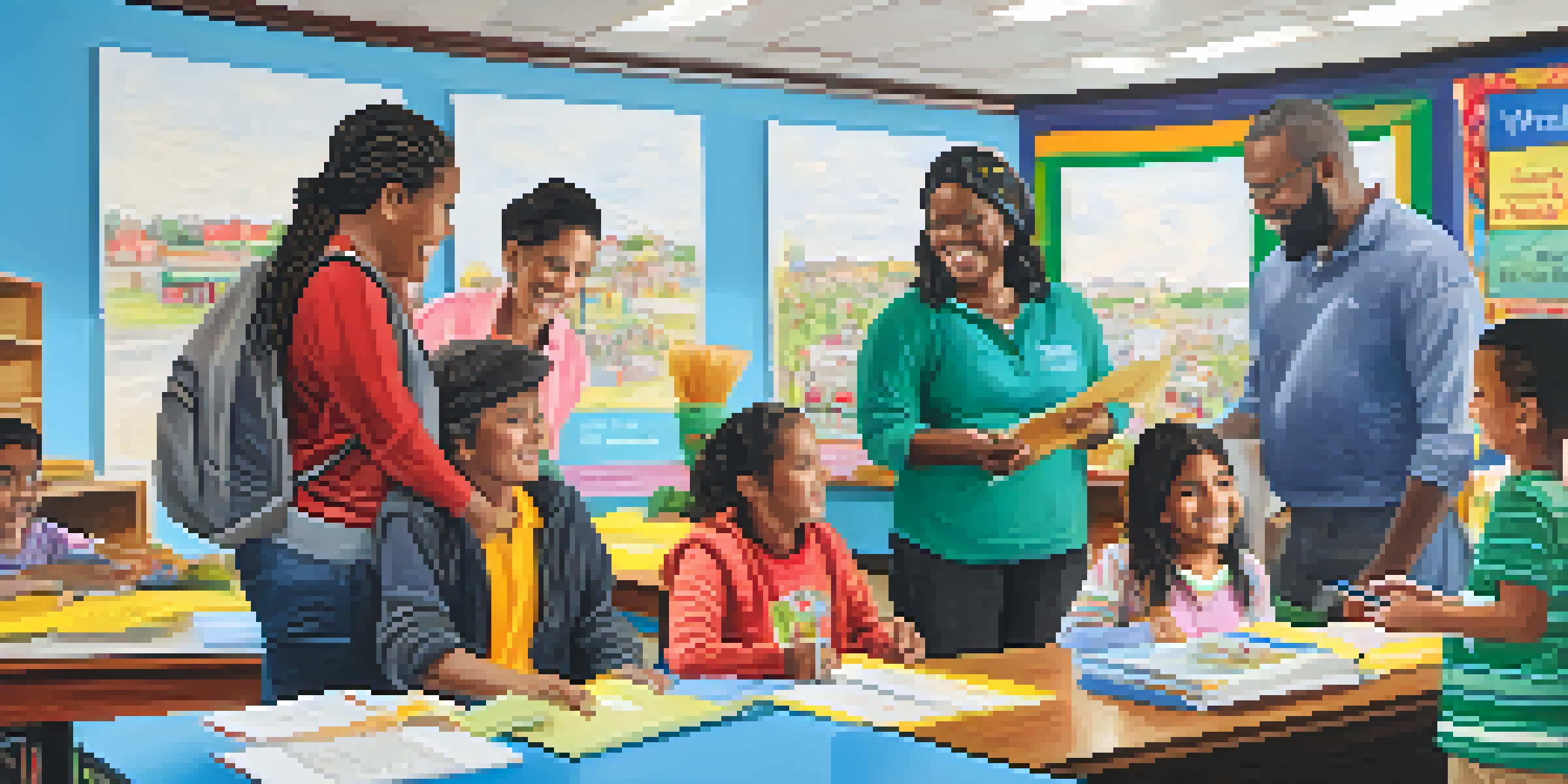 A refugee family receiving support at a Buffalo community center, with volunteers helping them with language classes and job training.