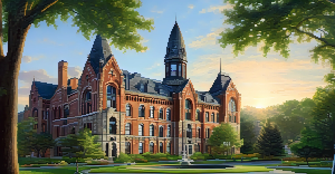 A detailed view of the Richardson Olmsted Complex featuring stone structures and arches, illuminated by golden hour light with surrounding greenery.