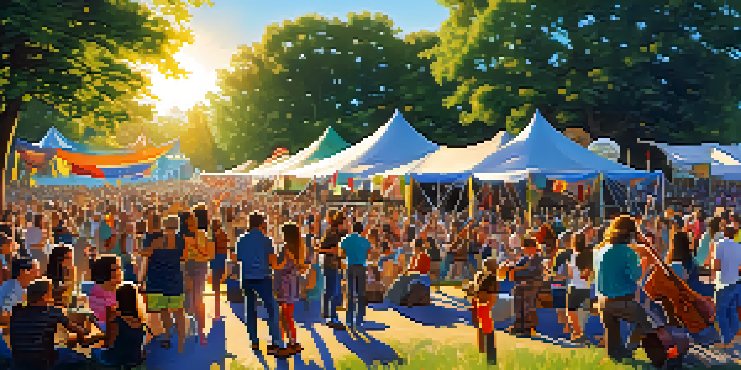A lively outdoor folk music festival in Buffalo with diverse attendees enjoying performances under sunny skies.