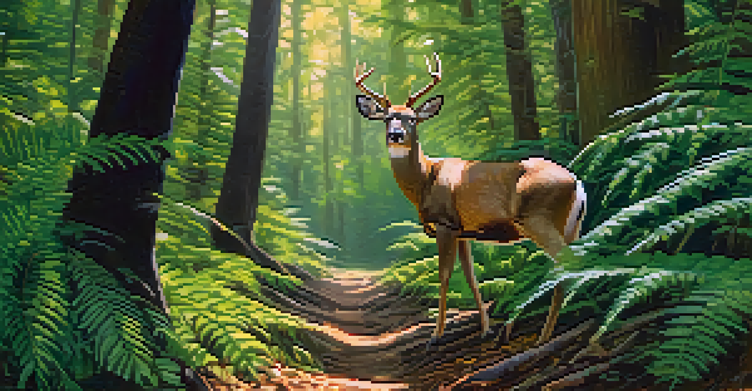 A close-up of a tracking device on a young deer in a forest, surrounded by ferns and sunlight.