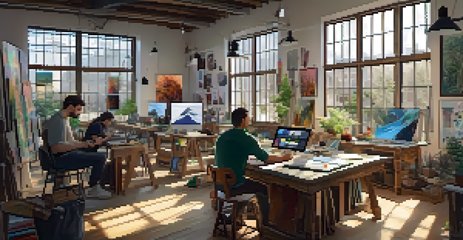 A cozy workshop with a diverse group of artists learning digital art techniques, surrounded by tools and screens displaying vibrant artwork.