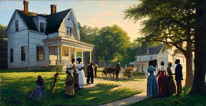A diverse group of people outside a modest home in Buffalo during the 1850s, symbolizing support for the Underground Railroad.