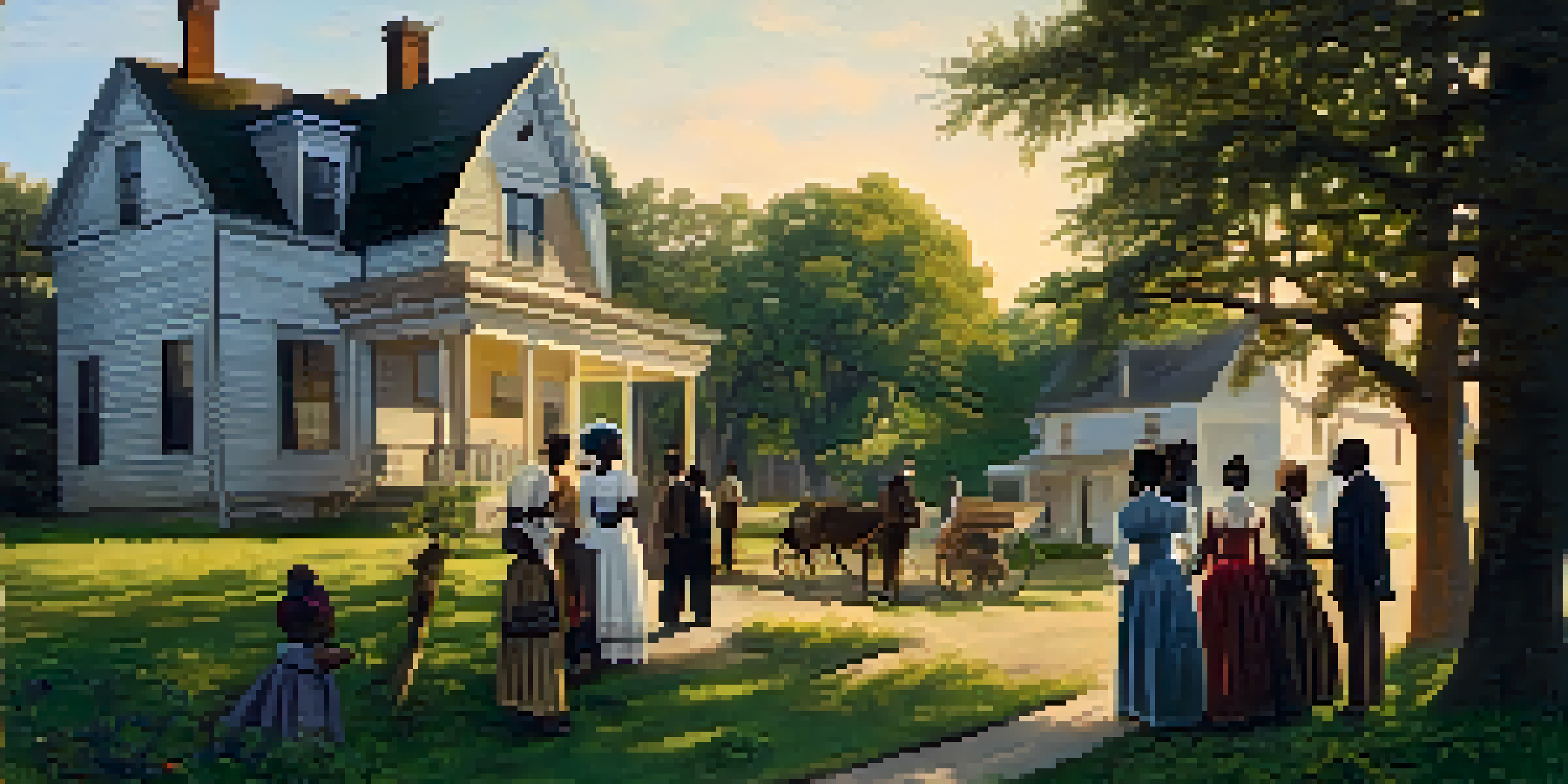 A diverse group of people outside a modest home in Buffalo during the 1850s, symbolizing support for the Underground Railroad.