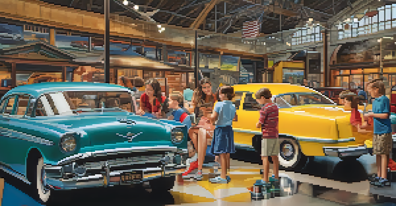 A family interacting with a hands-on exhibit at the Buffalo Transportation Museum, filled with colorful educational displays.