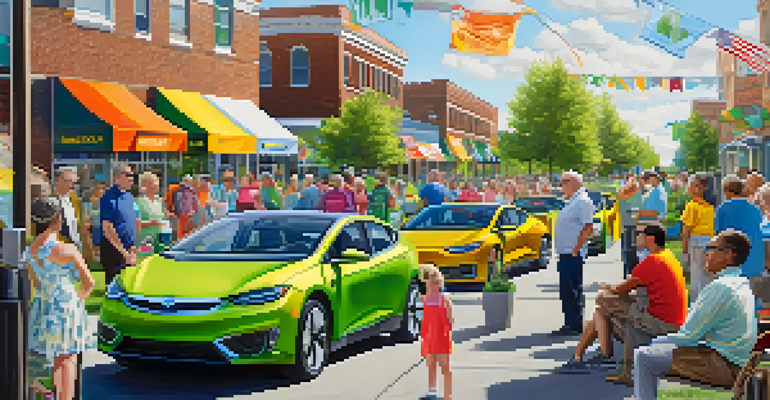 A community gathering in Buffalo where people are learning about electric vehicles and sustainability under a sunny sky.