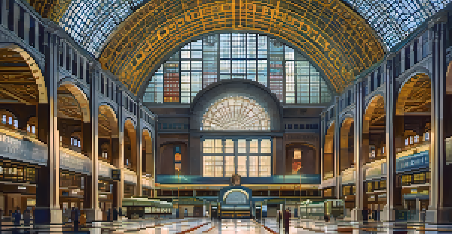 An interior view of Buffalo Central Terminal, featuring its Art Deco architecture, ornate ceiling, and vintage ticket counters filled with travelers.