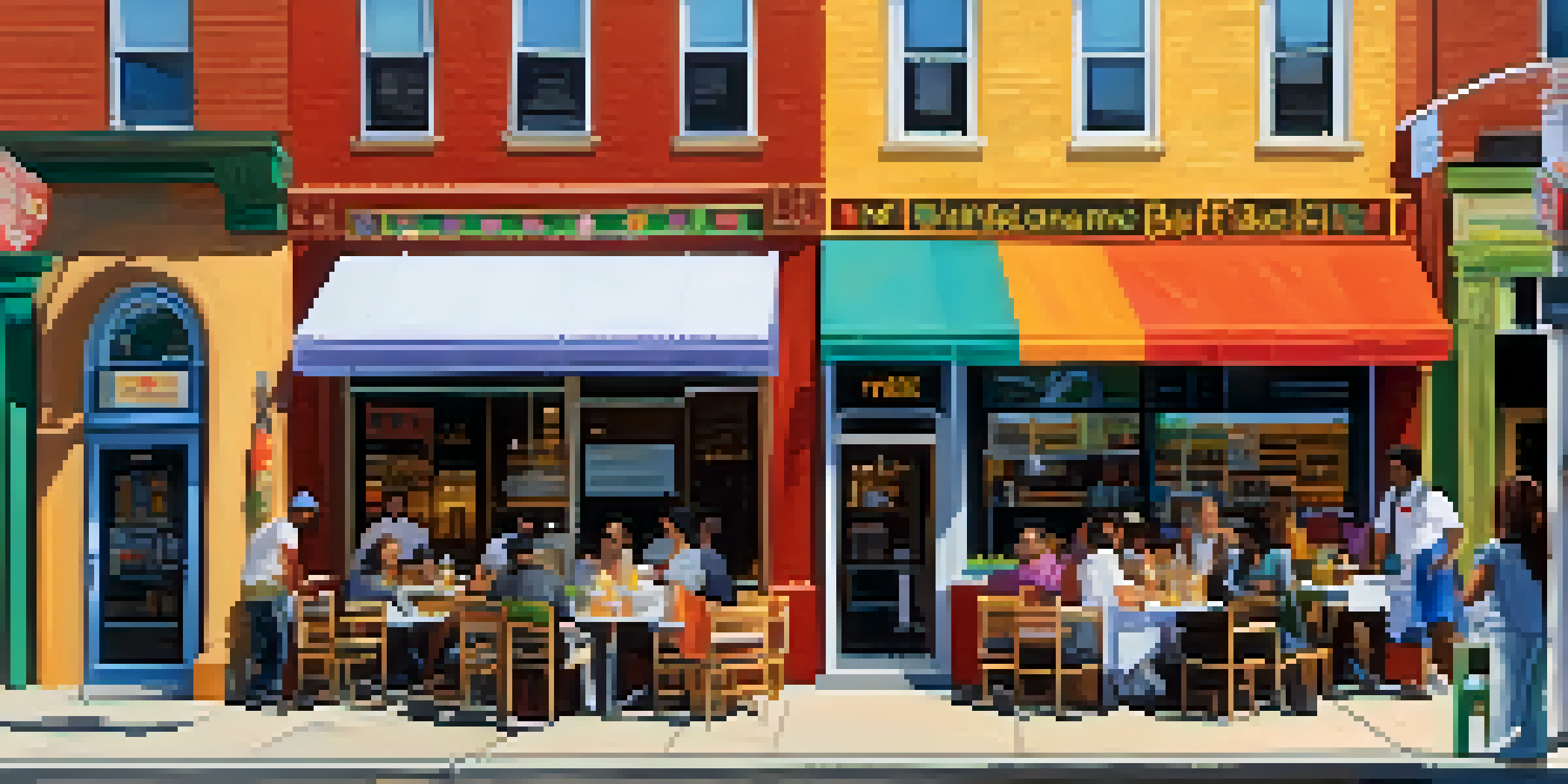 A lively street scene in Buffalo with diverse ethnic restaurants and people enjoying meals outdoors.