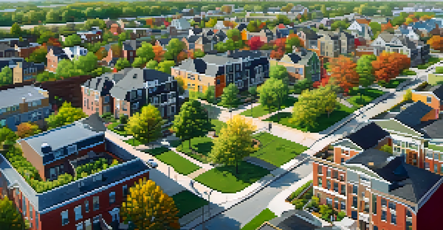 An aerial view of a Buffalo neighborhood with green spaces, gardens, and a mix of modern and historic architecture.