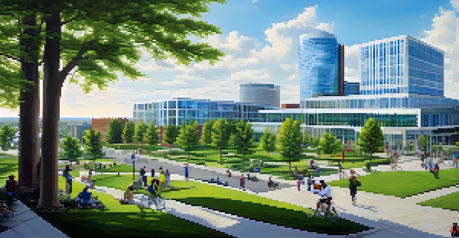 A vibrant view of Buffalo's modern urban landscape with the medical campus, showcasing green spaces and people outside.