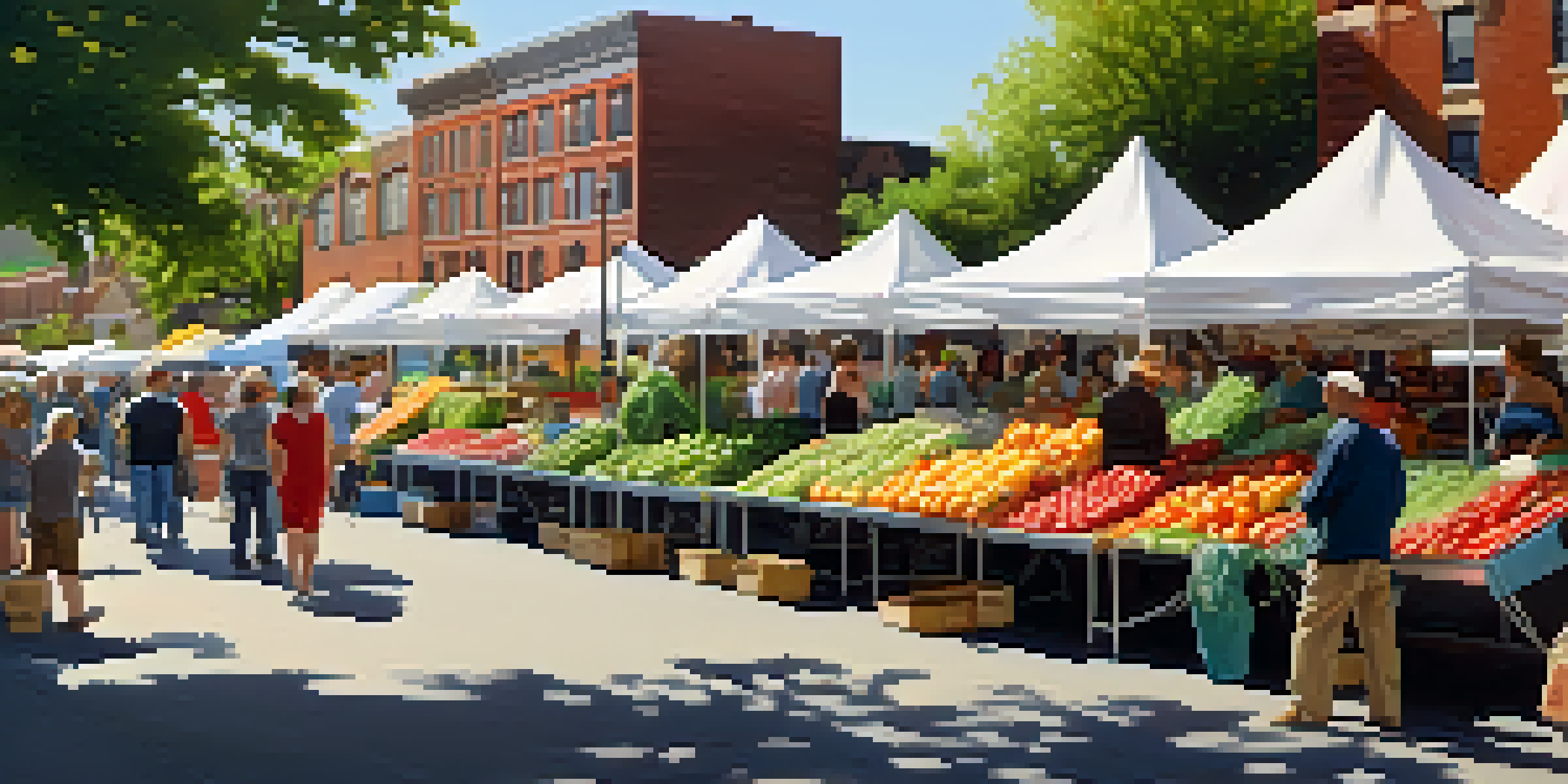 A bustling farmers market in Buffalo with colorful fruits and vegetables displayed at various stalls, and local farmers engaging with customers in bright sunlight.