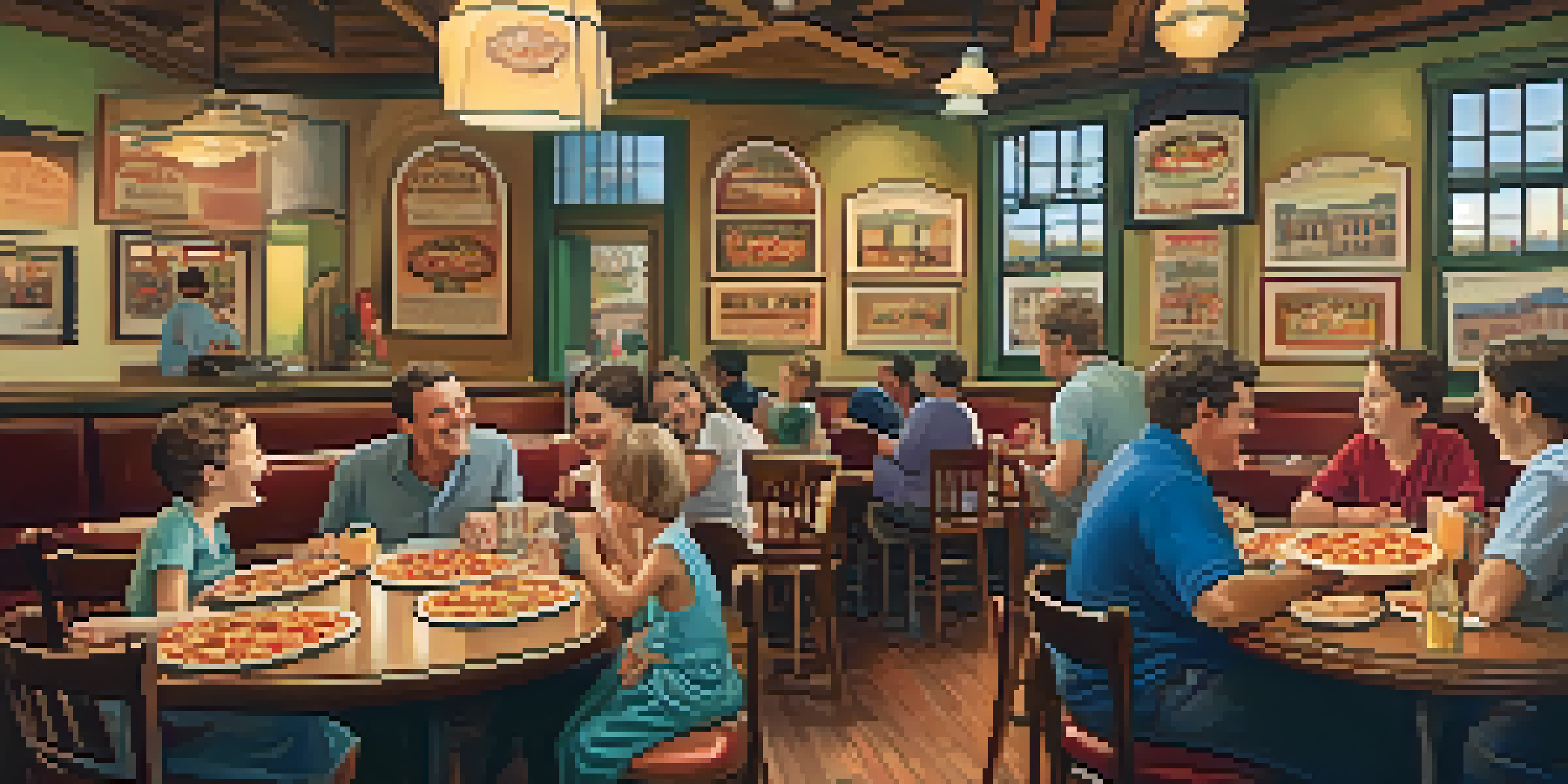 A lively pizzeria scene in Buffalo with families enjoying pizza, warm lighting, and vintage decor.