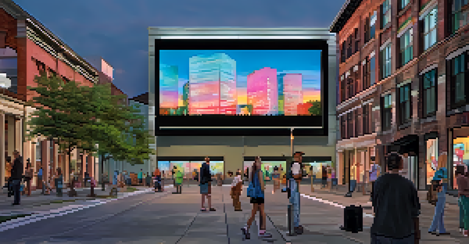 An interactive digital art installation in an urban area, with people engaging with vibrant visuals under soft evening lights.