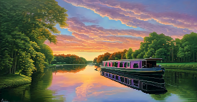 A picturesque view of the Erie Canal at sunset with vibrant colors reflecting on the water and a historic boat navigating through.