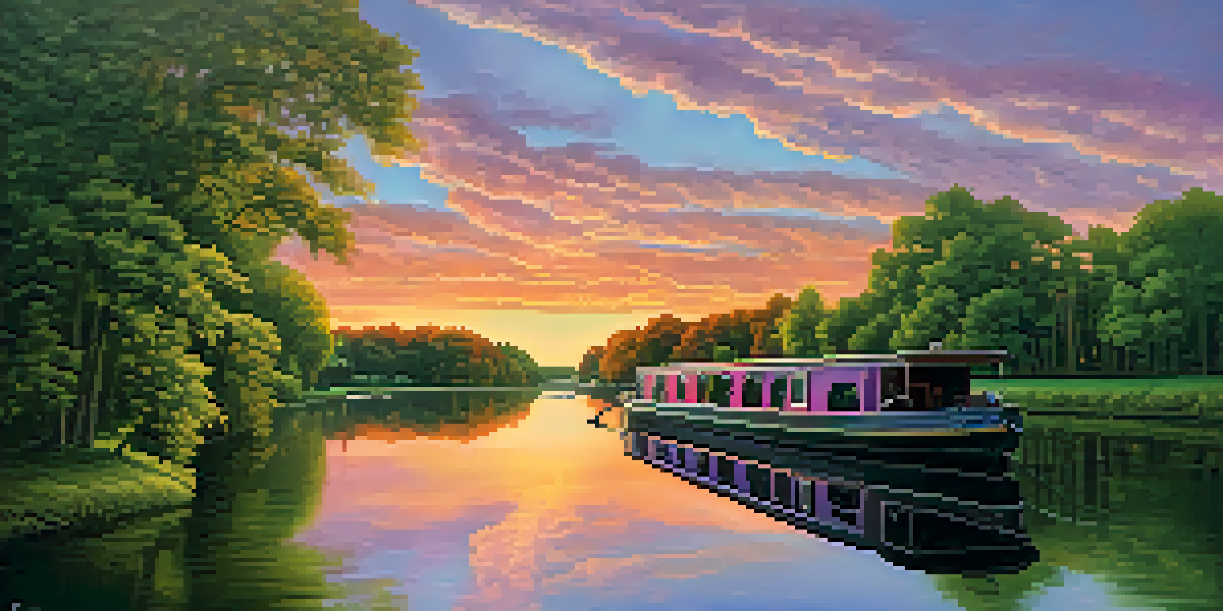 A picturesque view of the Erie Canal at sunset with vibrant colors reflecting on the water and a historic boat navigating through.