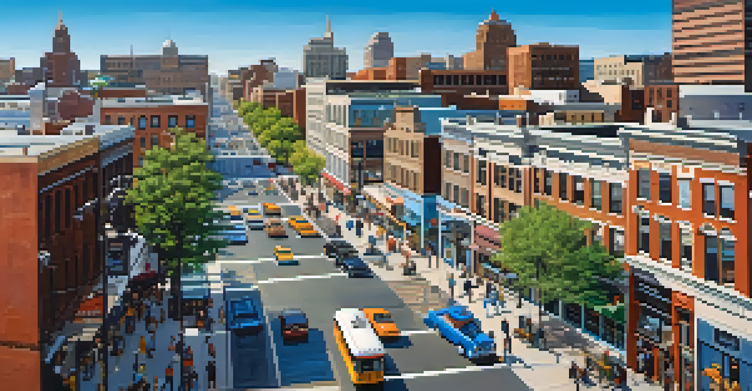 Aerial view of downtown Buffalo showcasing a blend of modern and historical buildings with bustling streets.
