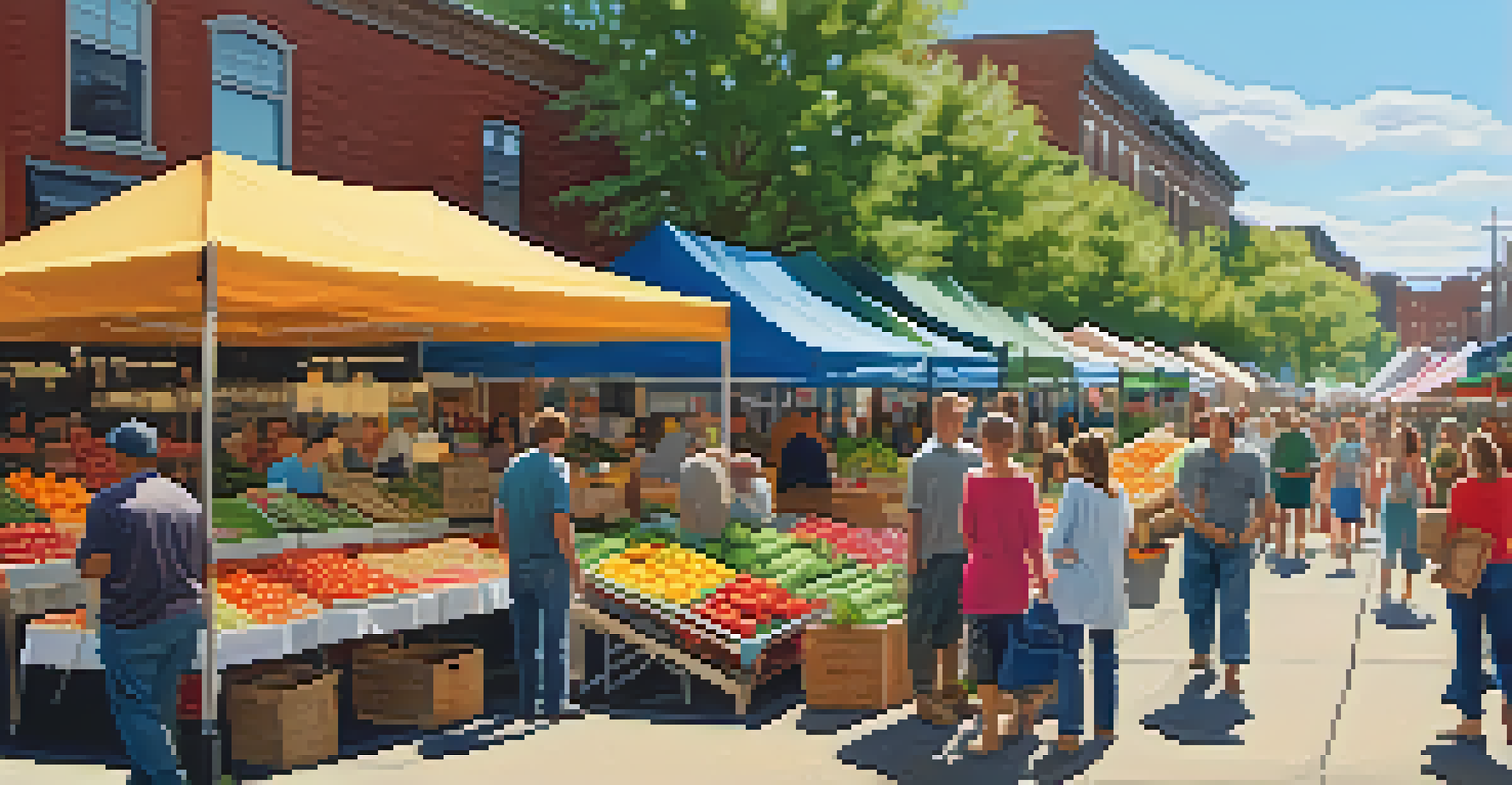 A lively farmers' market in Buffalo with local produce stands, families shopping, and colorful decorations under the warm sunlight.