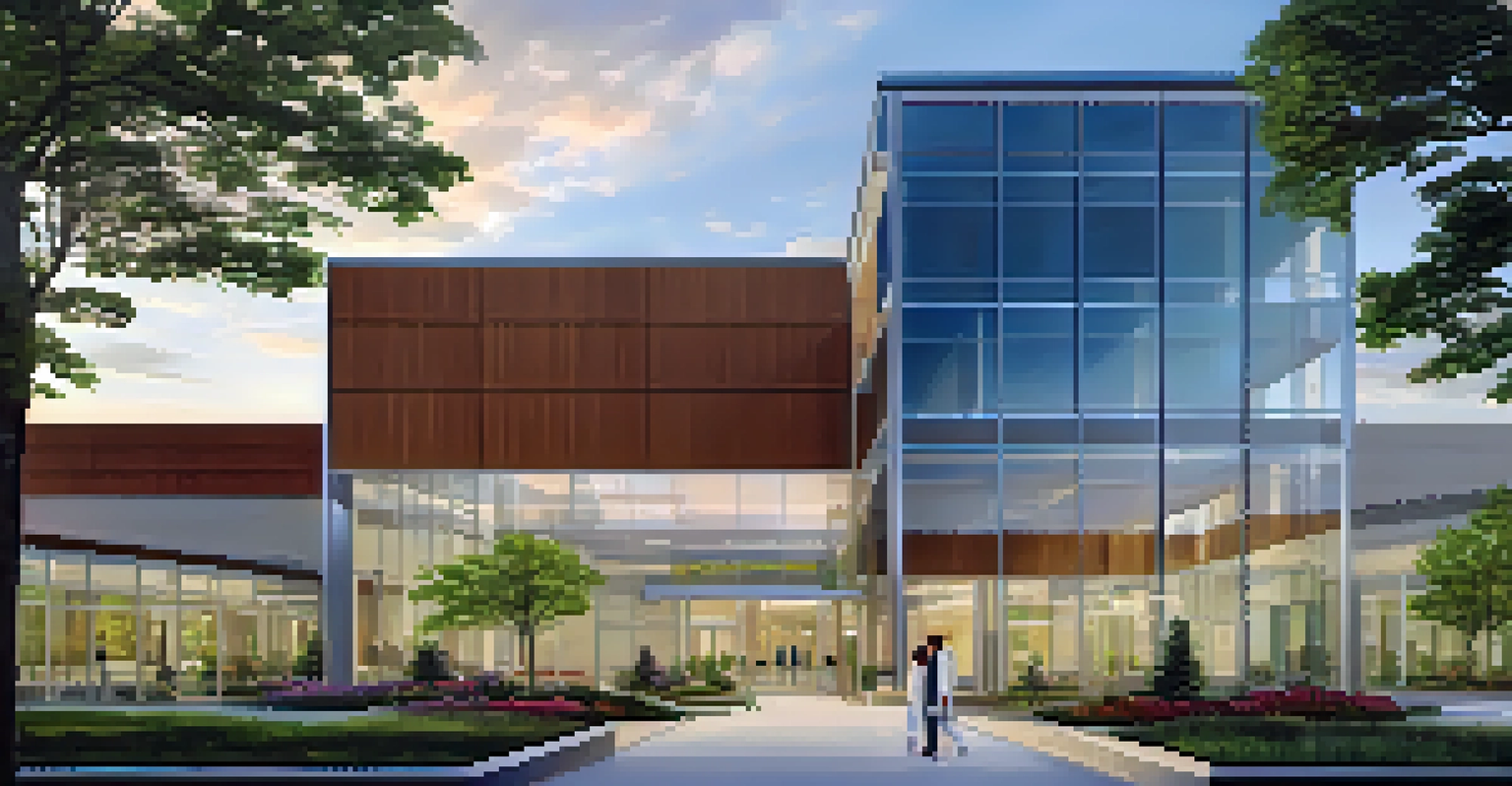 A modern healthcare facility in Buffalo with glass windows and greenery, showing healthcare professionals coming and going.