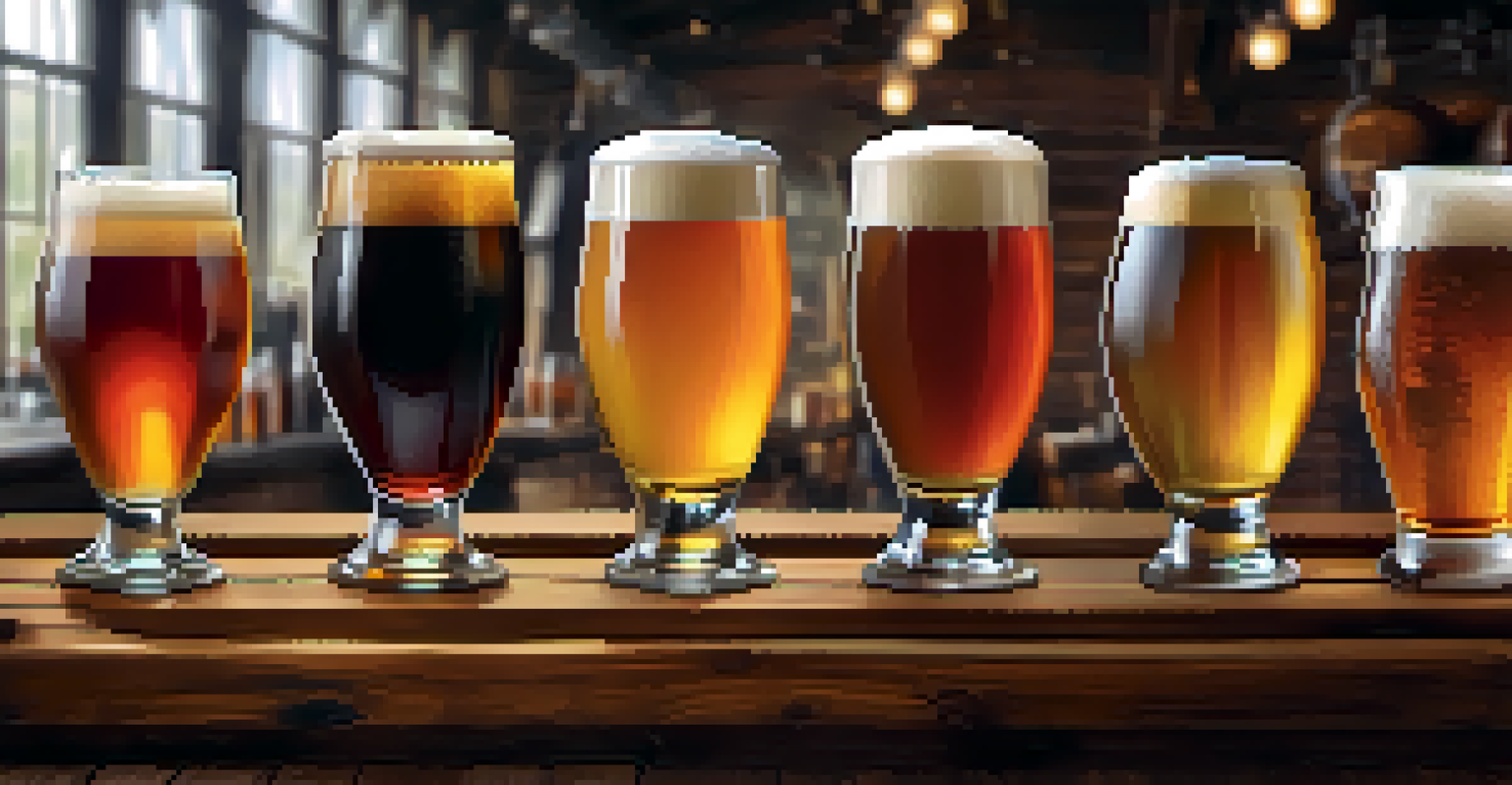 A close-up of a craft beer flight with various types of beer in small glasses, set on a rustic wooden table.
