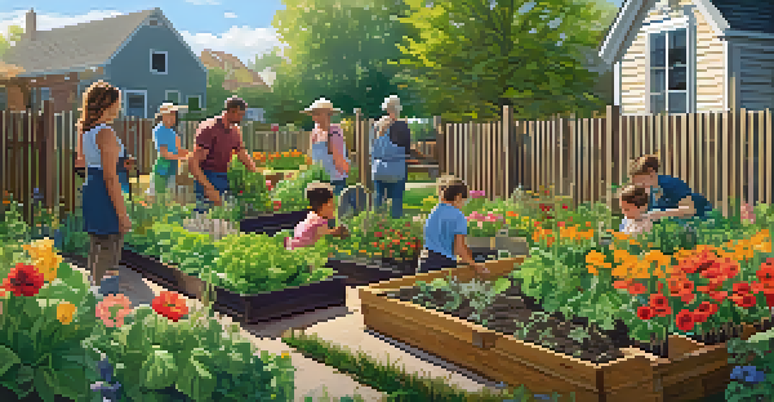 A community garden with residents planting flowers and vegetables in a sunny setting.