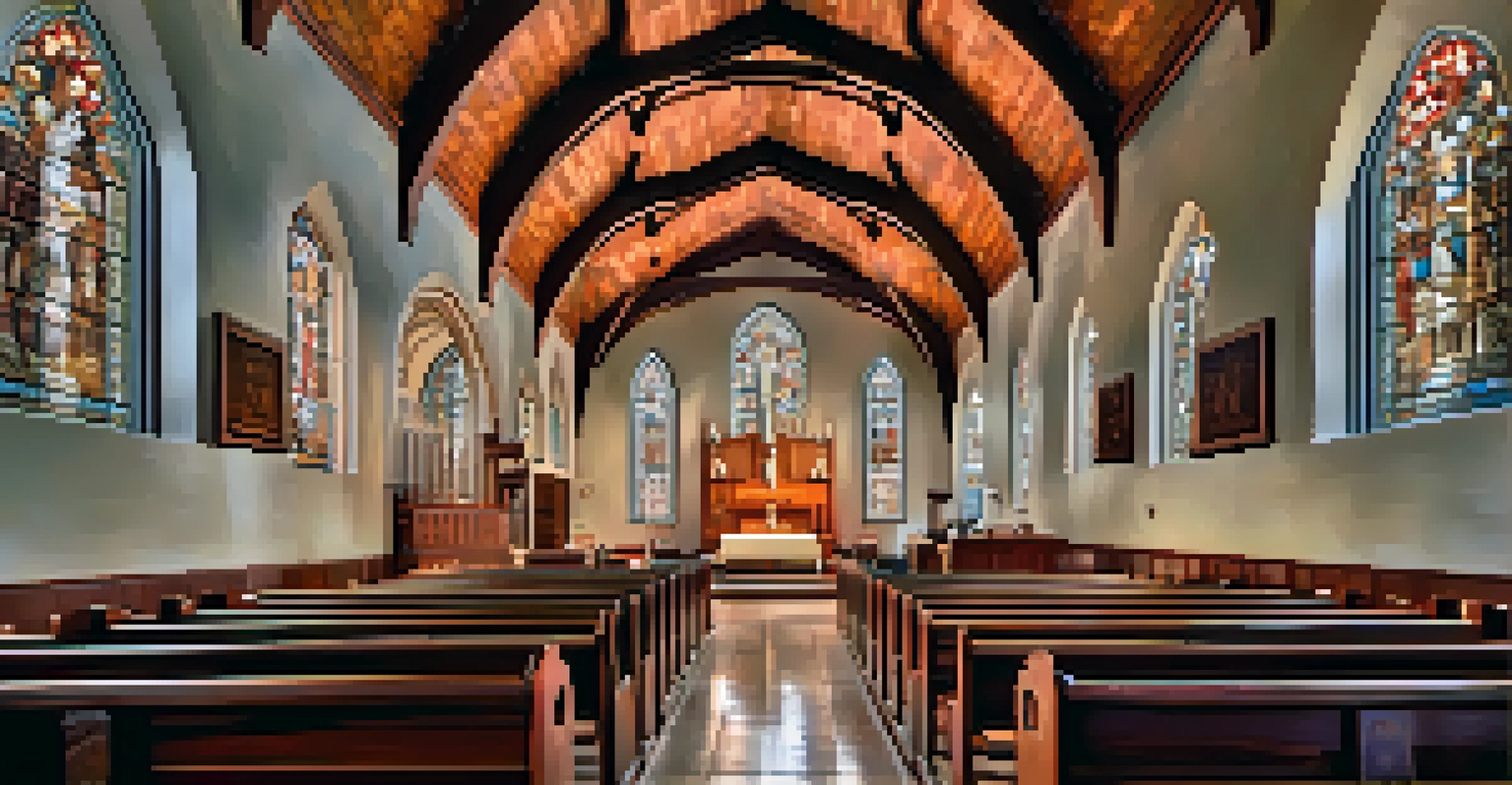 The interior of a Romanesque church with red brick walls, murals, and stained glass windows.