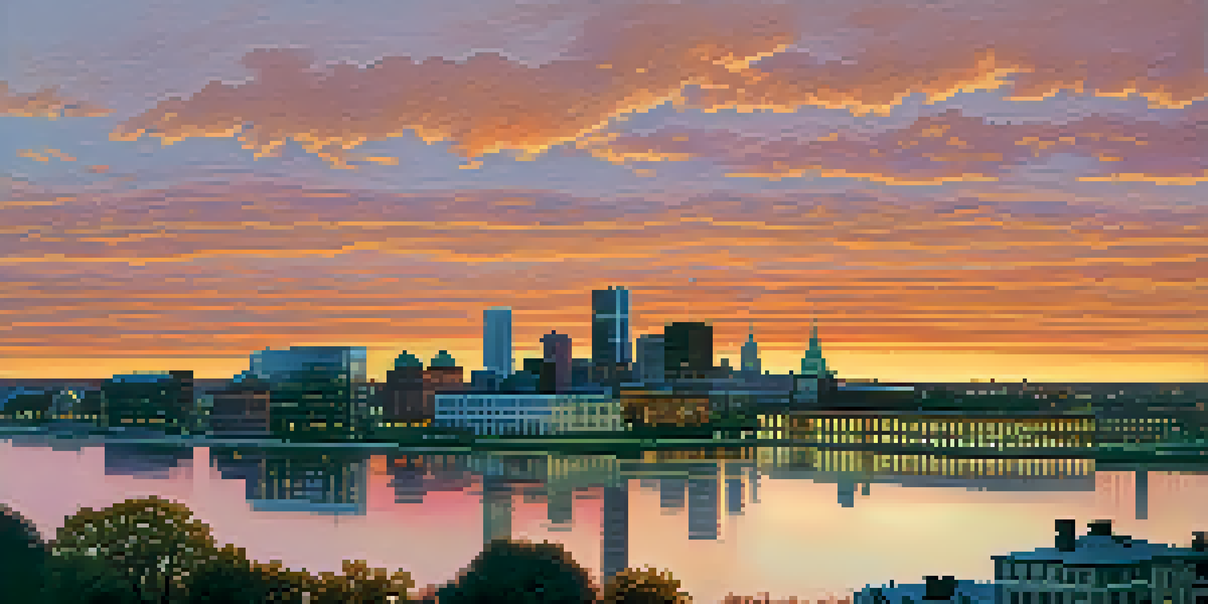 A vibrant sunset view of Buffalo's skyline, featuring a mix of historic and modern buildings with warm colors in the sky.