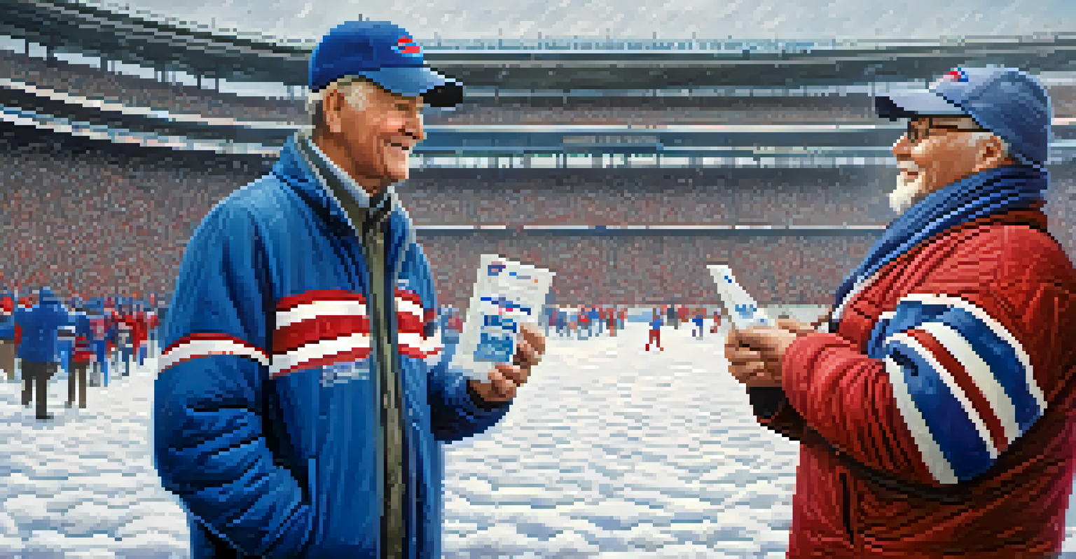 A devoted Buffalo Bills fan holding their season tickets in front of the stadium, dressed in a vintage jersey on a snowy day.