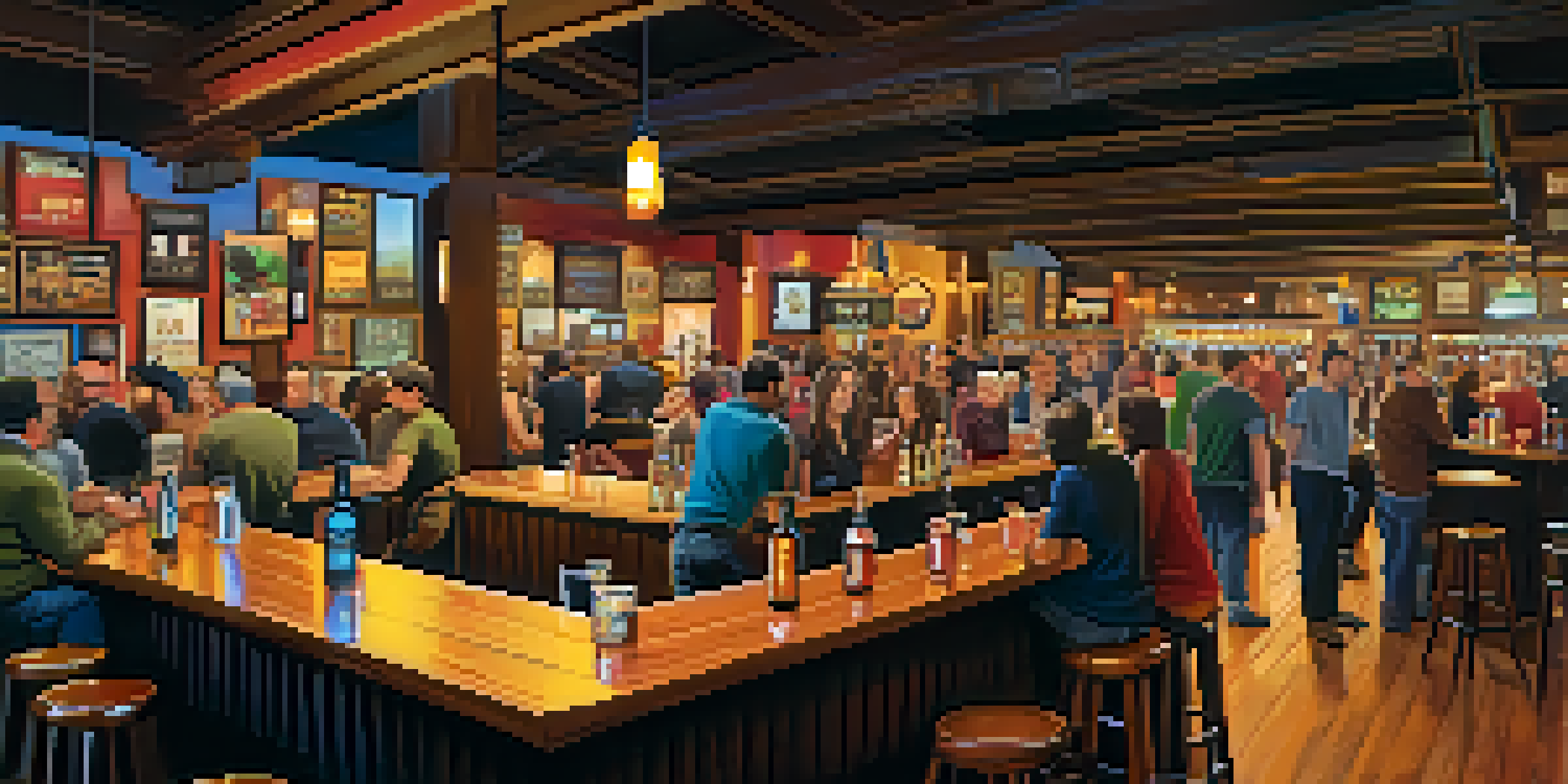 A lively taproom filled with people enjoying various craft beers, with warm wooden decor and colorful beer taps.