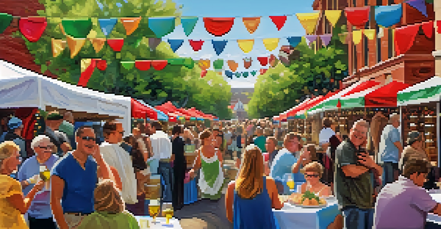 A bustling wine festival with people tasting wines and enjoying live music, surrounded by colorful decorations.