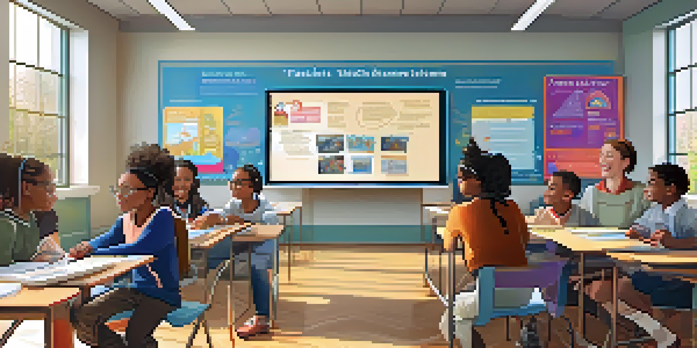 A bright and colorful classroom with diverse students using technology for interactive learning, guided by a smiling teacher.