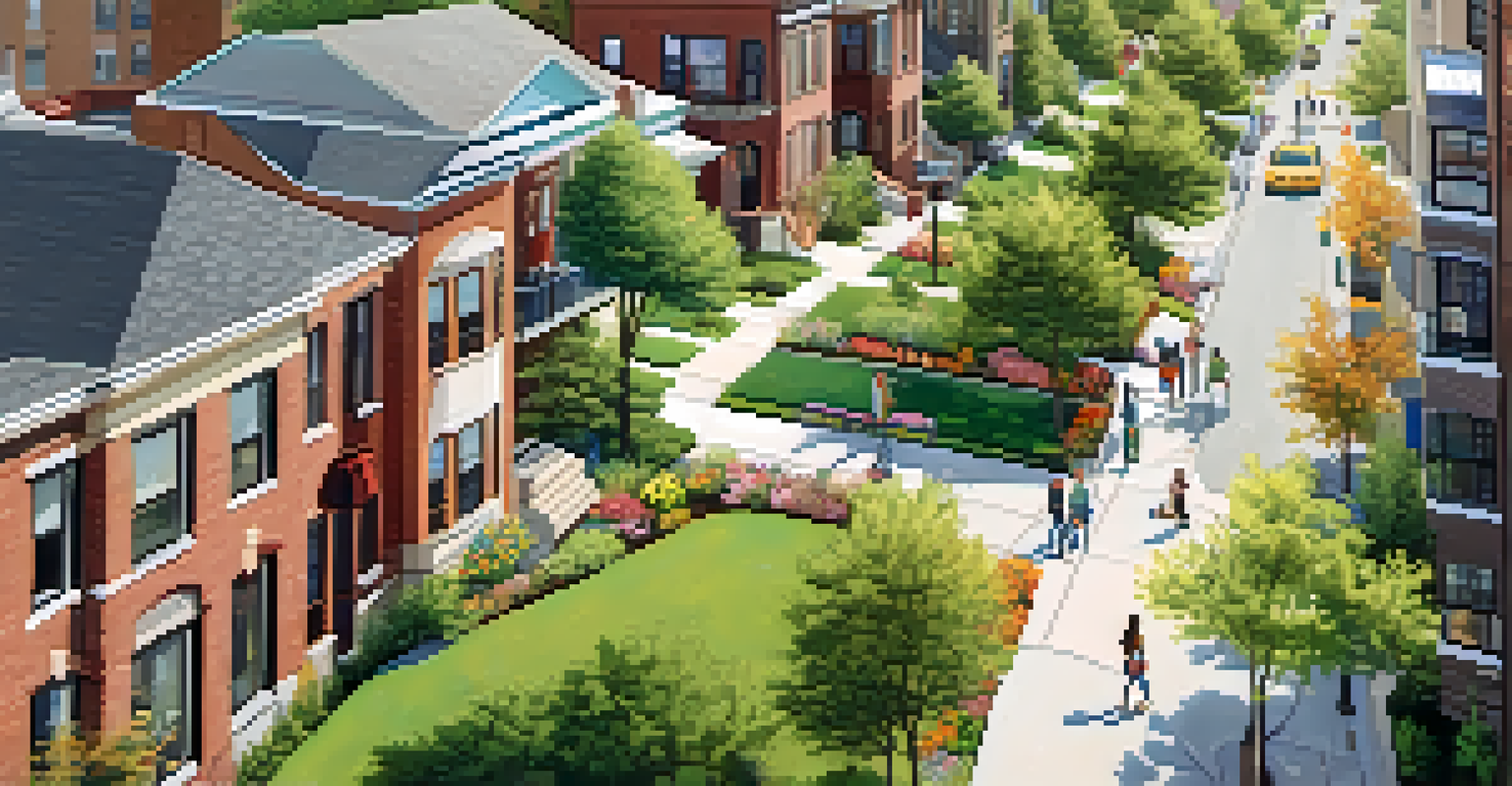 An aerial view of a pedestrian-friendly neighborhood in Buffalo with wide sidewalks and green spaces.